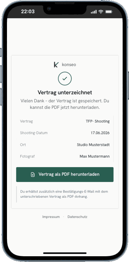 konseo App — digital unterzeichneter Vertrag auf dem Smartphone